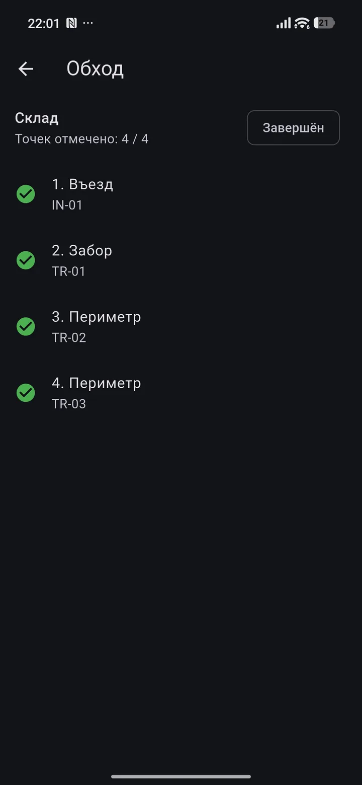Обход выполнен: все четыре контрольные точки отмечены